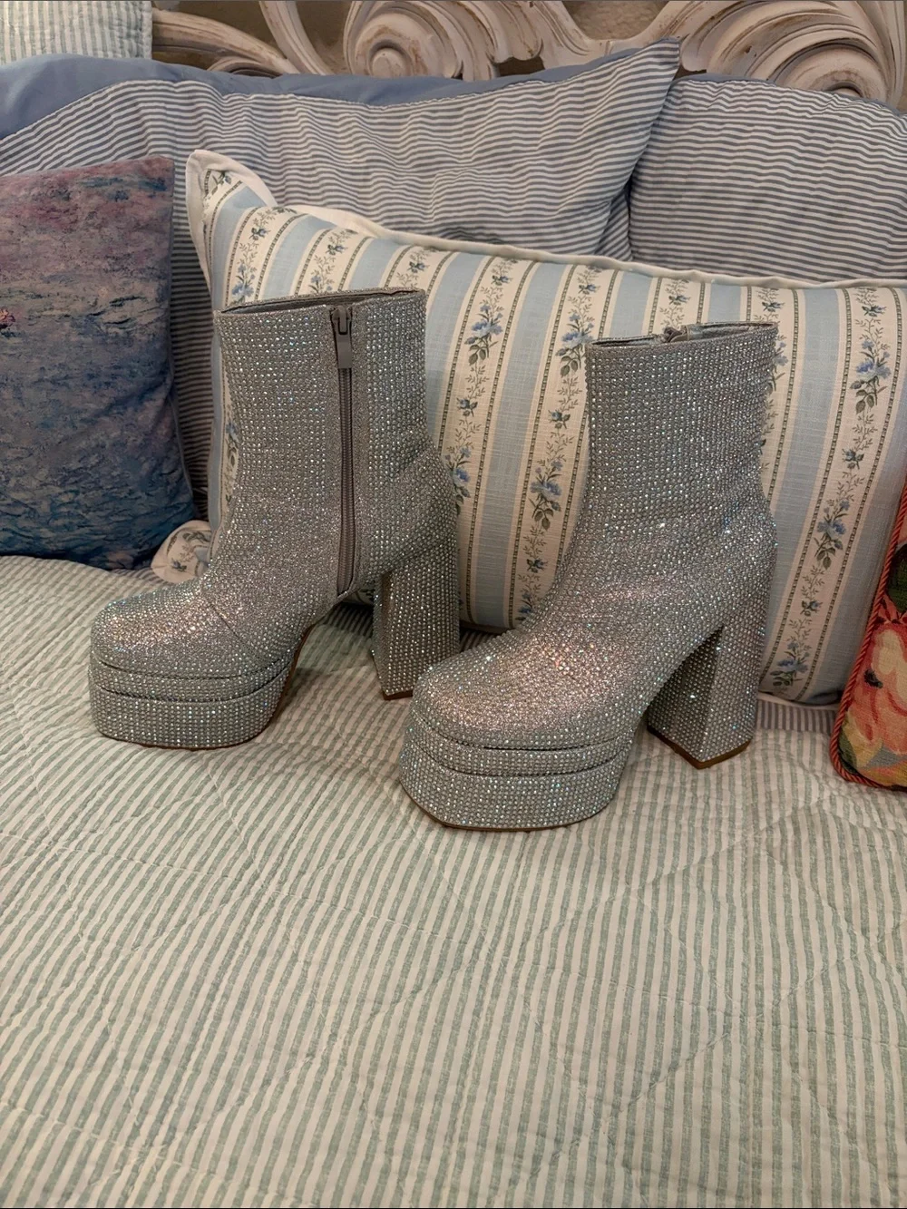 Women's Silver multi color rhinestone Platform Ankle Boots with Block heel